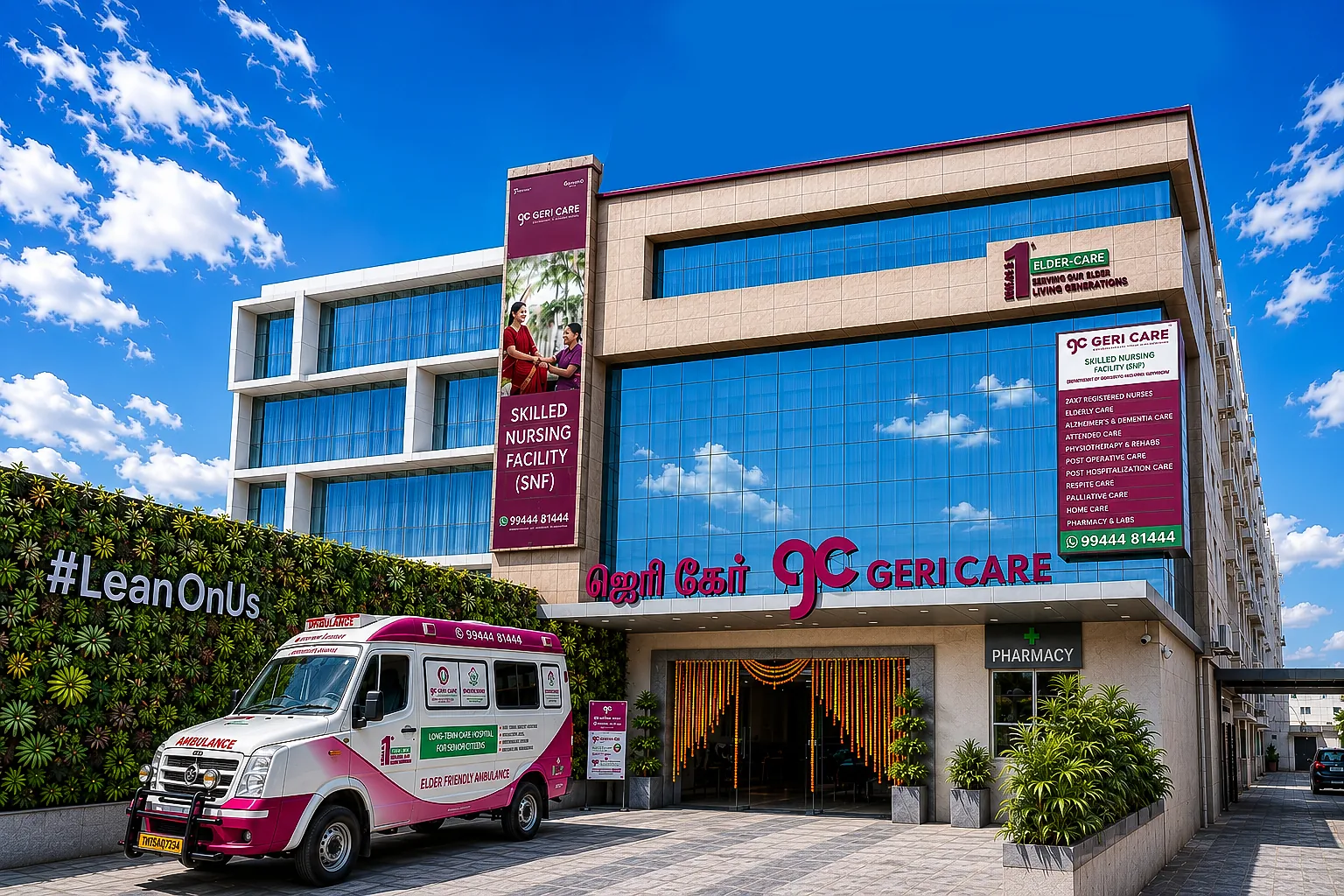 Geri Care’s Coimbatore skilled nursing facility, with its blue-glass facade, entrance and ambulance