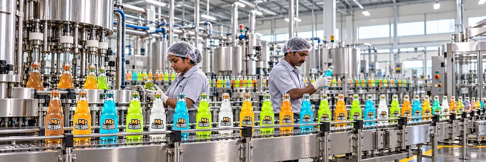 AI-generated illustration of Mr Goli Soda bottles on a production line with staff checking the bottling process