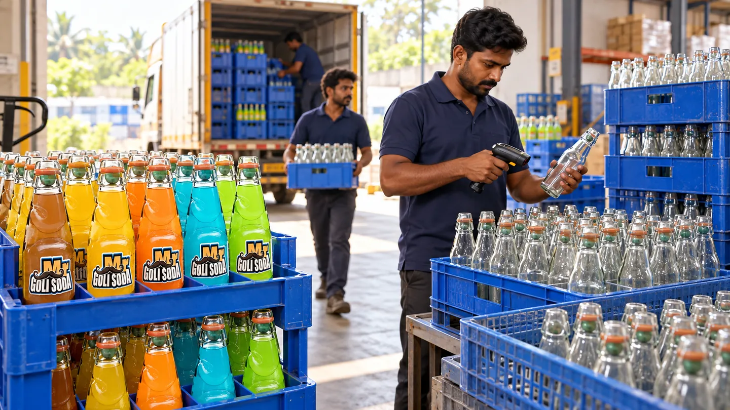 AI-generated illustration of Mr Goli Soda bottles ready for dispatch while returned empty bottles are checked and sorted into reusable blue crates