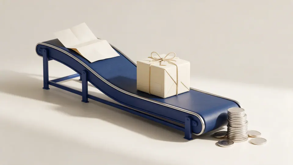 Illustration of a blue conveyor carrying blank papers and a cream parcel toward stacked coins.